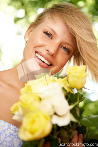 Image of Relax, bouquet and portrait of happy woman in garden for holiday fun in spring with flowers in nature. Smile, freedom and face of girl in park with roses in countryside with sunshine on vacation.