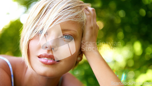 Image of Relax, nature and portrait of happy woman in park for holiday in summer on outdoor adventure. Smile, freedom and face of girl in garden for weekend in countryside with sunshine on vacation in Sweden.