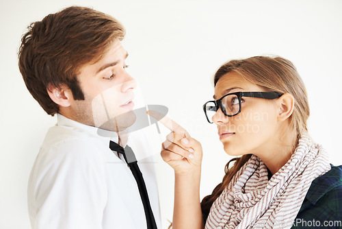 Image of Angry, man and a woman pointing for communication, fight or conflict in the relationship. Partner, gesture and a couple in a conversation, scared and argument with fear, talking and toxic problem
