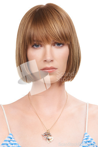 Image of Woman, portrait and serious, beauty and cosmetics with makeup in studio mockup by white background. French creative person, face or ginger with trendy fashion, healthy haircare or conditioner results