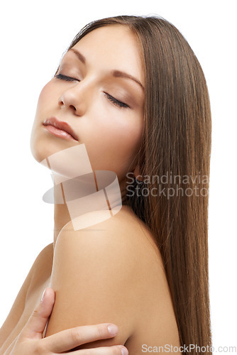 Image of Beauty, woman and hair with eyes closed in studio for mock up on white background in Russia. Female model, relaxed and alone with care for texture with keratin, botox or treatment for heat damage