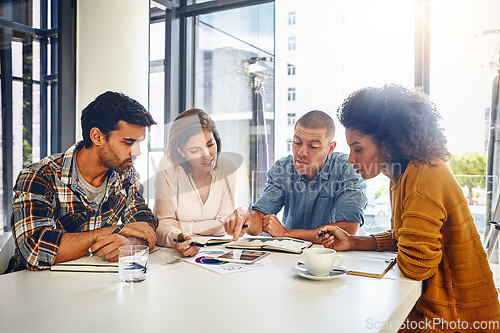 Image of Editor, planning and teamwork in business meeting, office or press newspaper with writers in publishing. News, agency and group of people with strategy for report, newsletter and review of ideas