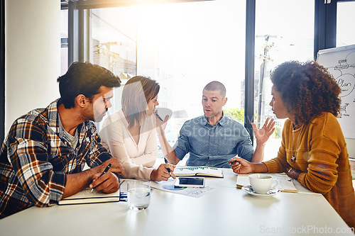 Image of Editor, planning and teamwork in business meeting, office or press newspaper with writers brainstorming. News, agency and group of people with strategy for report, newsletter and review of ideas