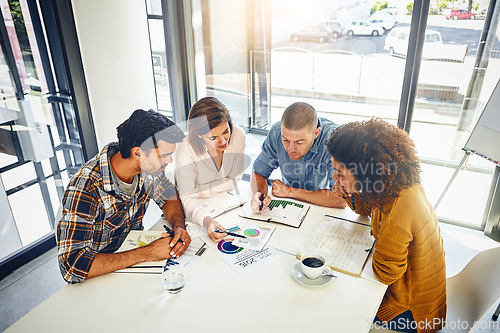 Image of Review, team and meeting with stats and graphs of company target, goals or market research with data analysis. Above, table or paperwork report of growth, progress or startup performance analytics