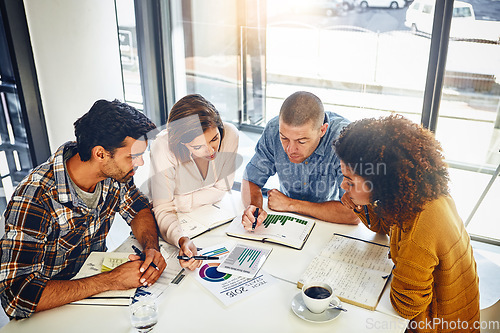 Image of Team, meeting and review with stats and graphs of company target, kpi or market research with data analysis. Above, table or paperwork report of growth, progress or startup analytics of performance