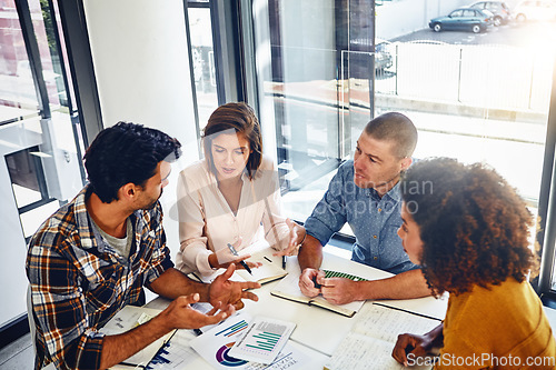 Image of Stats, meeting and paperwork data analysis in office with report of market research for kpi, target and goals. Analytics, graphs and above people at desk in workplace with marketing strategy