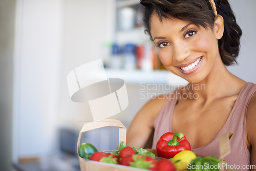 Image of Happy woman, portrait and bag with groceries, vegetables or fresh produce in kitchen for meal at home. Female person or shopper smile with grocery resources, fruits or veg for food or health at house