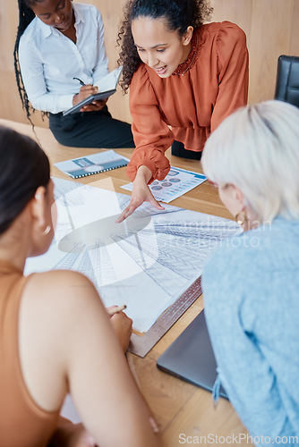 Image of Close up of a young mixed race woman giving a presentation to a group of female only colleagues at a boardroom meeting in a office. A team of diverse business women planning , brainstorming and strat