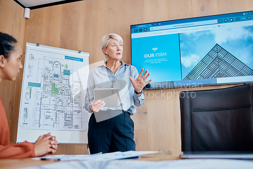 Image of Mature caucasian businesswoman standing and using a tablet while giving a presentation in the boardroom during a meeting with her female only colleagues in a workplace. Our office is going digital