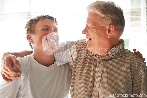Image of Senior man, boy and laugh with smile, happy and embrace with love, grandchild and joy. Grandparent, support or bonding together for relationship, family and hug with teenager, house or grandfather