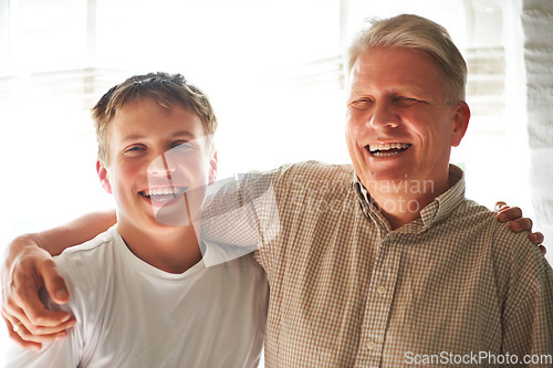 Image of Grandparent, teenager and embrace with smile, happy and hug with love, grandchild and home. Elderly, support or bonding together for relationship, family and retired with boy, house and grandfather