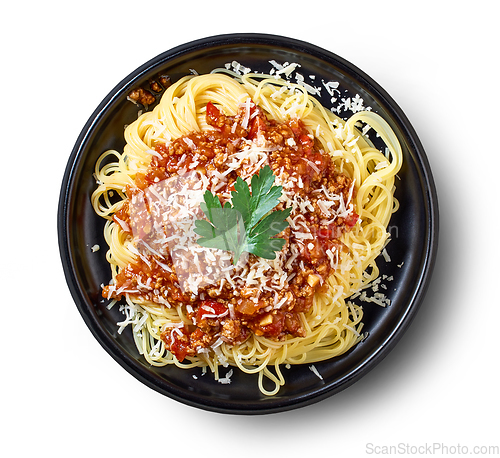 Image of plate of pasta spaghetti with sauce bolognese