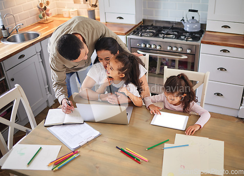 Image of Stepping in and doing his part. two parents helping their children with homework.