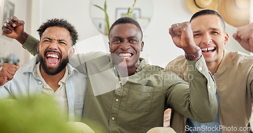 Image of We support the same team, thats what makes us extra close. three male friends looking cheerful while sitting together.