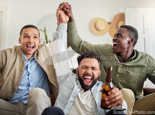 Image of Now we out and celebrate. three male friends looking cheerful while drinking beers and sitting together.