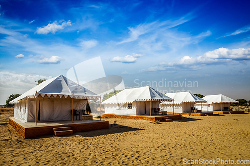 Image of Tent camp in desert. Jaisalmer, Rajasthan, India.