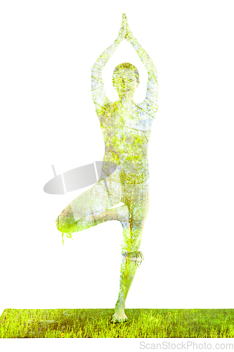 Image of Double exposure image of woman doing yoga asana