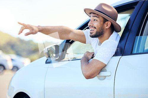 Image of Good company in a journey makes the way seem shorter. a young man enjoying an adventurous ride in a car.