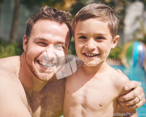 Image of My champion swimmer. Cropped portrait of a handsome young man and his son swimming outside.