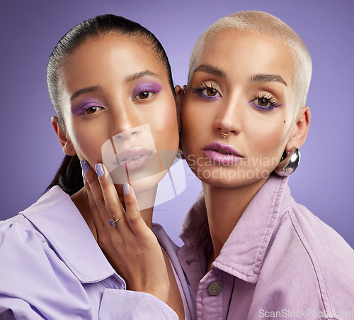 Image of Theyre giving off purple vibes. two beautiful young women posing in purple.