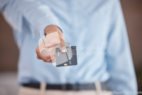 Image of Close up of females hands holding out credit card. Business woman showing card for payment or advertising mockup bank card with online service.