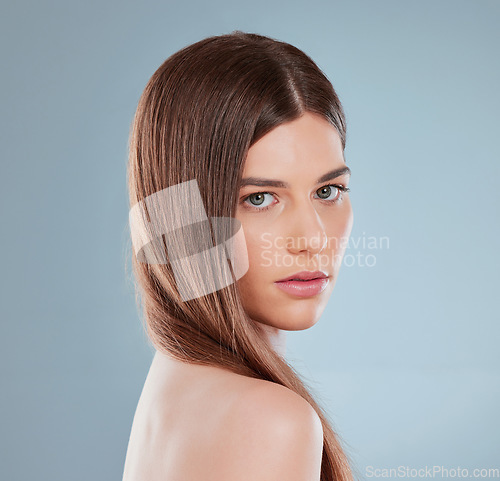 Image of Proper hair care is important. Studio shot of a beautiful young woman showing off her long brown hair.
