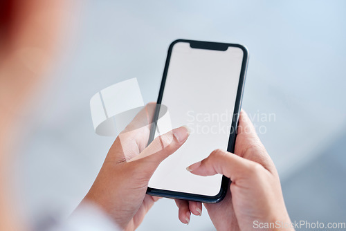 Image of Closeup shot of an empty cellphone screen. Unknown female working texting while using. a phone to check social media. Unrecognizable female using the internet while a on a break