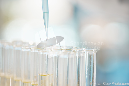 Image of Every experiment leads to change. Closeup shot of test tubes and a dropper in a lab.