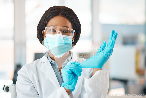 Image of Im ready to change the world. Portrait of a young scientist putting on gloves while working in a lab.