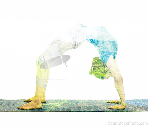 Image of Double exposure image of woman doing yoga asana