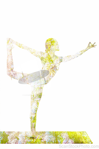 Image of Double exposure image of woman doing yoga asana