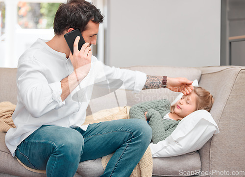 Image of The world stops at the feet of a sick child. a father calling the doctor for his sick daughter using his smartphone.