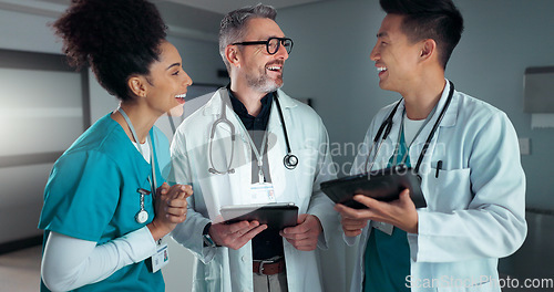 Image of Doctors, nurses and tablet with healthcare success, applause and celebration of hospital results or solution. Happy medical team, mentor and students on digital technology for hospital news or goals