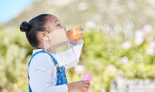 Image of A wish sent with every bubble. a little girl blowing bubbles outside.