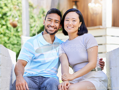 Image of My forever life partner. a young couple spending time together in the garden at home.