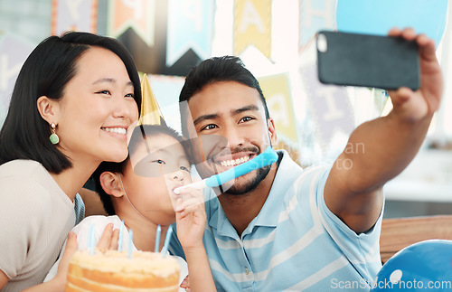 Image of Something special happens on your birthday each year. a happy family taking selfies while celebrating a birthday at home.