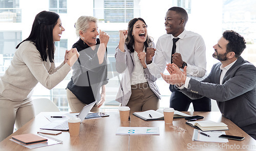 Image of Your win is our win too. a group of businesspeople cheering in a meeting at work.