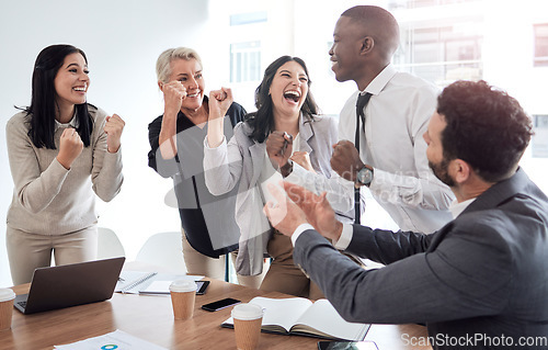 Image of Surround yourself with people who cheer you on. a group of businesspeople cheering in a meeting at work.