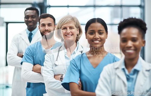 Image of Not all angels have wings - some have stethoscopes. Portrait of a group of medical practitioners standing together in a hospital.