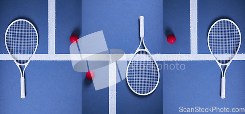 Image of Tennis keeps my fit, sane and healthy. Composite shot of a tennis racket and ball lying against a blue background.