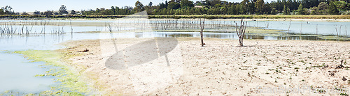 Image of We need to stop this from happening. a desolate landscape during the day with a small dried out dam in the middle.