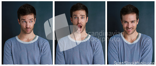 Image of Trying not to look guilty. Composite shot of a young man pulling funny faces in studio.