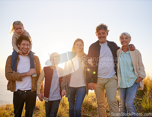 Image of Family is lifes greatest blessing. Portrait of a happy multi-generational family on an afternoon walk.