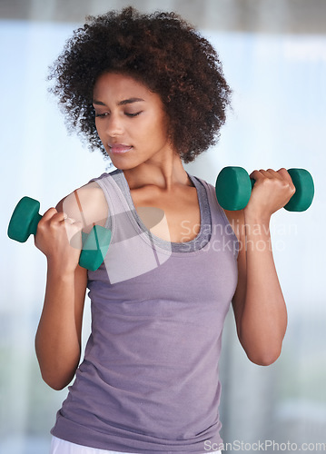 Image of Working her biceps. an attractive young woman working out with dumbbells.