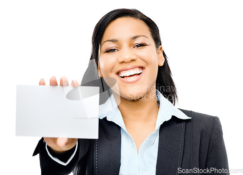 Image of Call this number when you need her. a young ethnic businesswoman holding up a business card against a studio background.