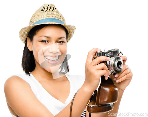 Image of She will capture a lifetime of memories. Beautiful mixed race woman taking photograph vintage camera isolated on white background.