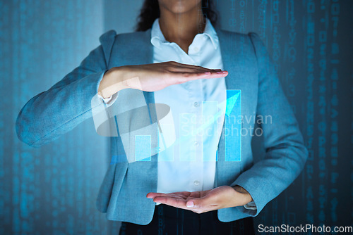 Image of Lets take this business to the next step. an unrecognisable businesswoman standing alone in the office and showing a cgi growth chart.