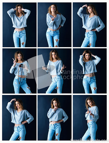 Image of Youth style and attitude. Multiple image shot of a cute teenage girl posing against a dark background.