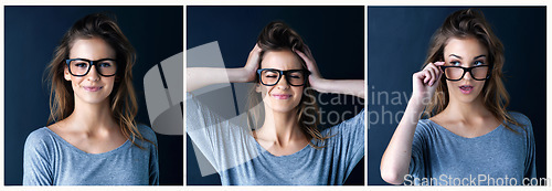 Image of She makes those glasses look cool. Multiple image shot of a cute teenage girl posing against a dark background.