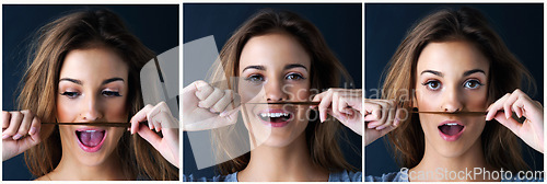 Image of How do you like my tash. Multiple image shot of a cute teenage girl making a mustache with her hair against a dark background.